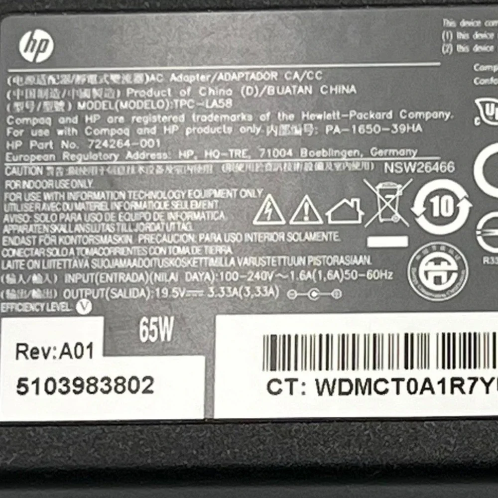 HP 65W AC Adapter Laptop Charger Black Very Good TPC-LA58 724264-001